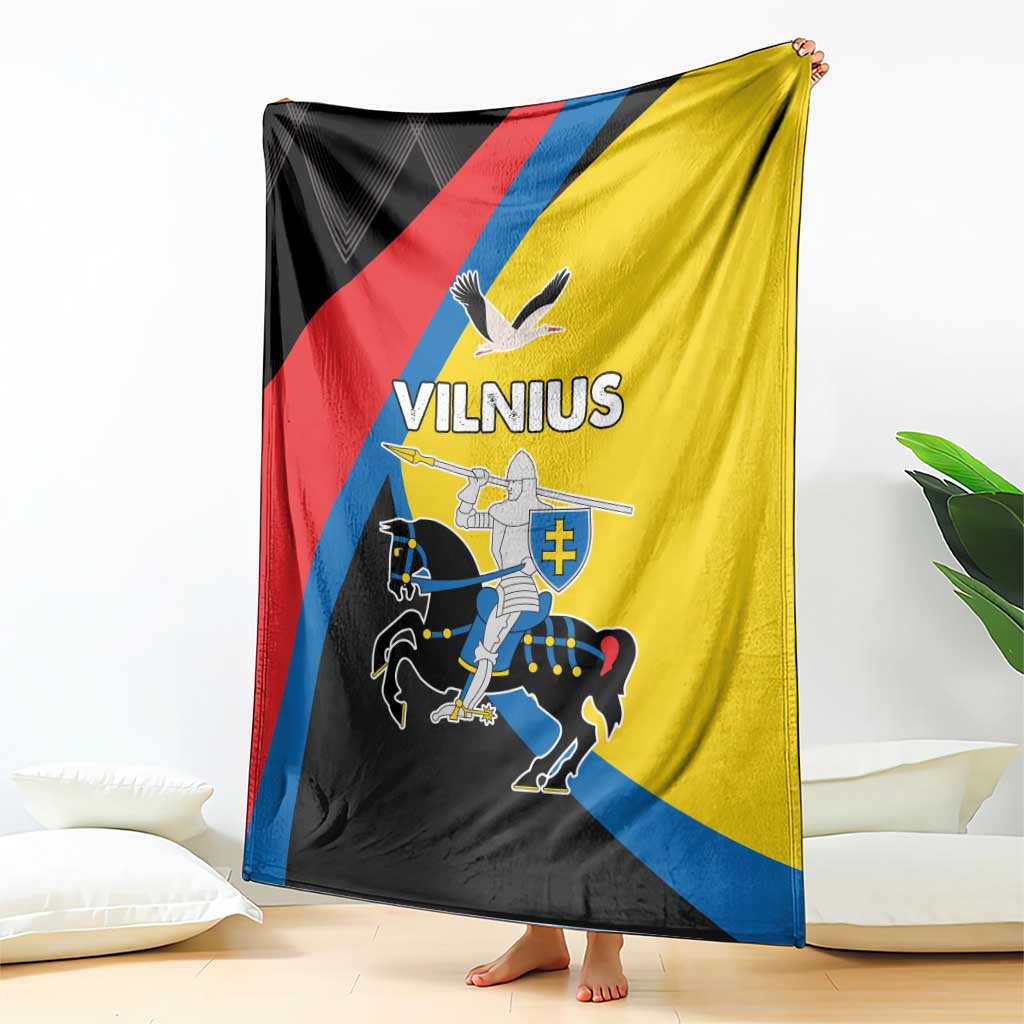 Vilnius crest blanket, yellow with black, red, and blue diagonal panels