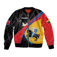 Unisex black bomber jacket with red, yellow, and blue front emblem graphic