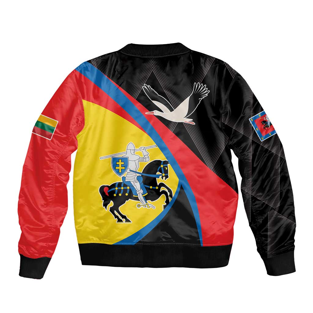 Unisex black bomber jacket with large back emblem, diagonal stripes, and patches