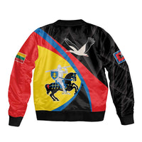 Unisex black bomber jacket with large back emblem, diagonal stripes, and patches