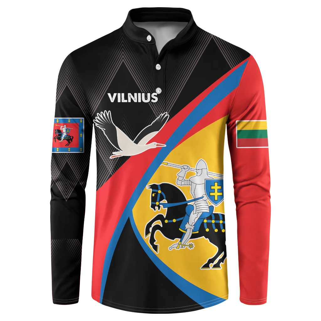 Black long-sleeve button sweatshirt with Vilnius crest and flag graphic, front view