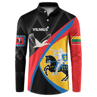 Black long-sleeve button sweatshirt with Vilnius crest and flag graphic, front view