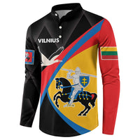 Black long-sleeve button sweatshirt with Vilnius crest graphic and striped flag, angled front
