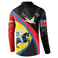 Black long-sleeve button sweatshirt with Vilnius crest and bird graphic, back view