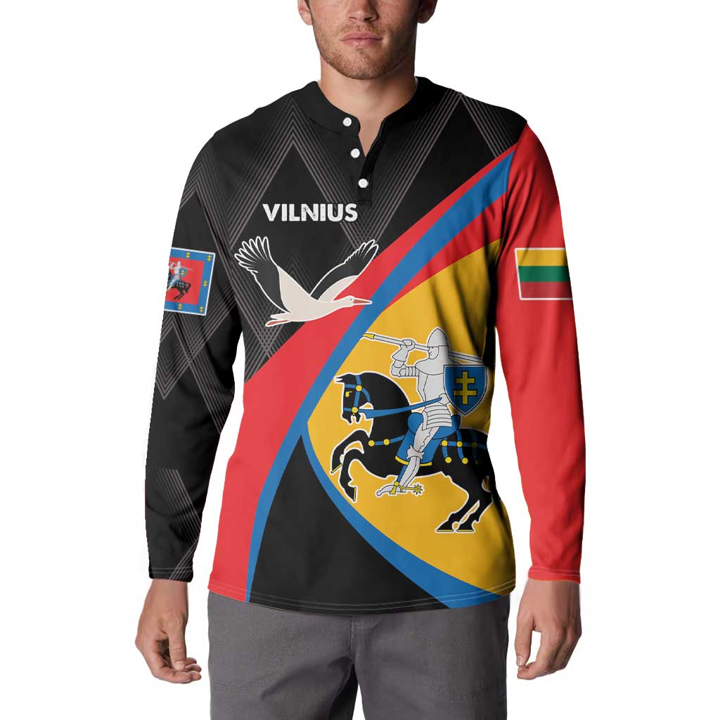 Black long-sleeve button sweatshirt with Vilnius crest and flag graphic, worn on model