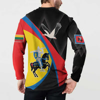 Black long-sleeve button sweatshirt with bird and crest graphic, worn on model, back view