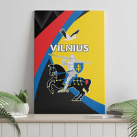 Black canvas wall art featuring Vilnius figure-and-shield graphic with red blue yellow