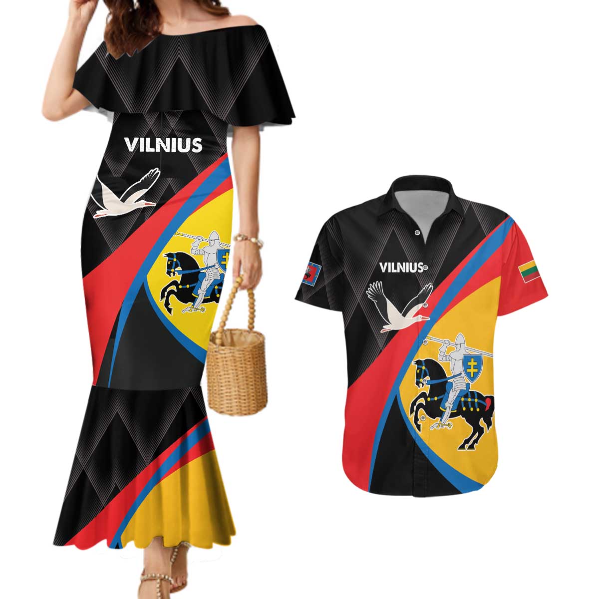 Lithuania Vilnius County Couples Matching Mermaid Dress and Hawaiian Shirt Vilniaus Apskritis