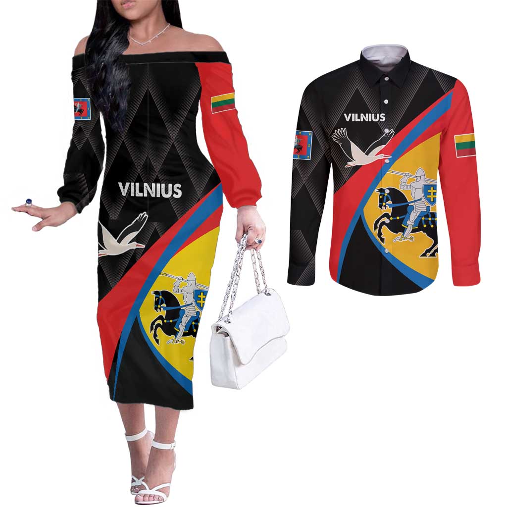 Lithuania Vilnius County Couples Matching Off The Shoulder Long Sleeve Dress and Long Sleeve Button Shirt Vilniaus Apskritis