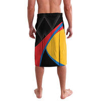 Black knee-length shorts with back colorful flag-style graphic, elastic waistband