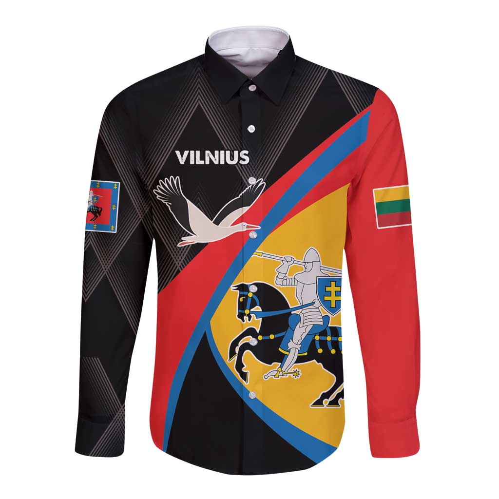 Long sleeve button shirt, black with Vilnius print and red-blue diagonal graphic