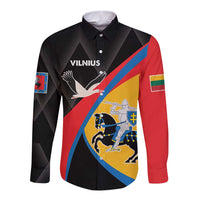 Long sleeve button shirt, black with Vilnius print and red-blue diagonal graphic