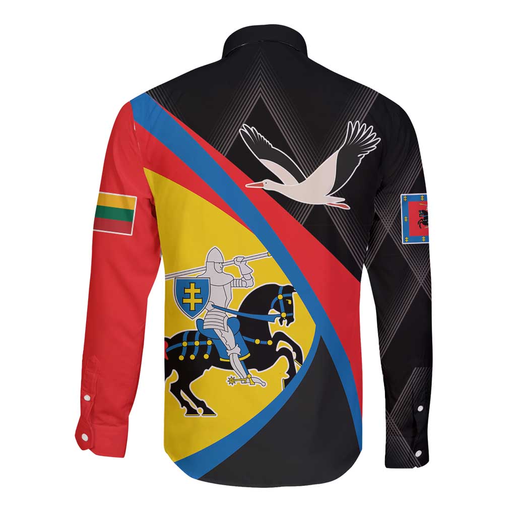 Long sleeve button shirt, black back with bird print, red side stripe and crest