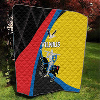 Quilted Vilnius flag blanket in black, red, yellow, and blue with crest and text