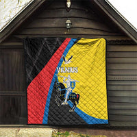 Vilnius flag quilt displayed on wall; quilted black, red, yellow, and blue with crest