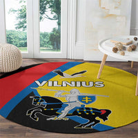 Round carpet with Vilnius text and crest graphic, yellow center with red and blue border