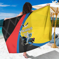 Vilnius-themed sarong with yellow, black, red, and blue graphic design