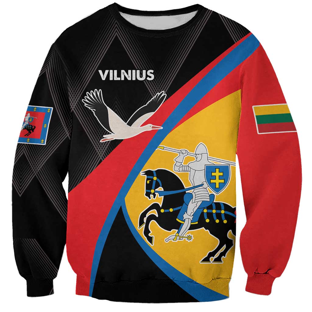 Black unisex sweatshirt with Vilnius crest, eagle, and diagonal tricolor flag print