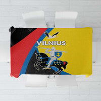 Multicolor Lithuanian-style tablecloth with black, yellow, blue and red emblem panel