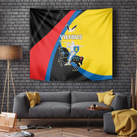 Vilnius wall tapestry in yellow, red, blue, and black with coat-of-arms