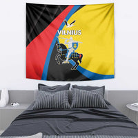 Vilnius wall tapestry in yellow, red, blue, and black with rider and coat-of-arms