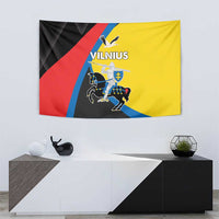 Vilnius wall tapestry in yellow, red, blue, and black with the text "VILNIUS"