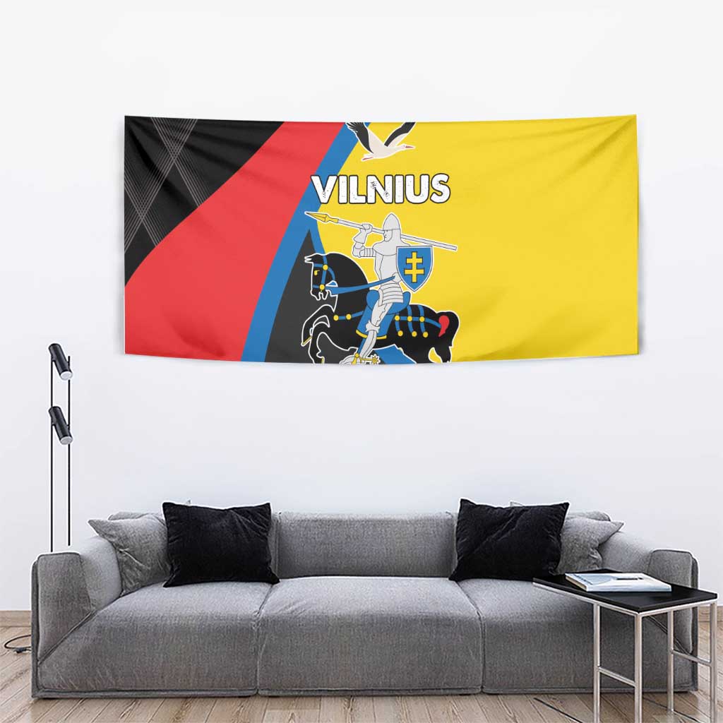 Vilnius wall tapestry in yellow, red, blue, and black with rider, shield, and bird
