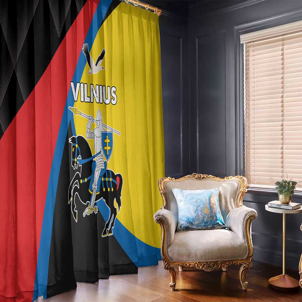 Hanging window curtain with black, red, blue, and yellow Vilnius crest artwork