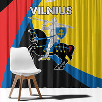 Window curtain with large Vilnius text and coat-of-arms on black, red, blue, yellow