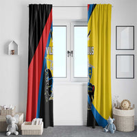 Pair of window curtains in black and yellow with Vilnius crest and tricolor diagonal bands