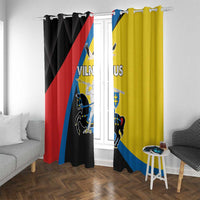 Black and yellow window curtains with Vilnius crest print, blue diagonal band, and red stripe