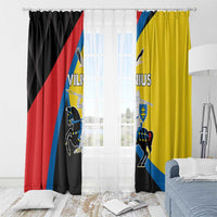 Window curtain set with Vilnius crest on black and yellow panels with sheer center overlay