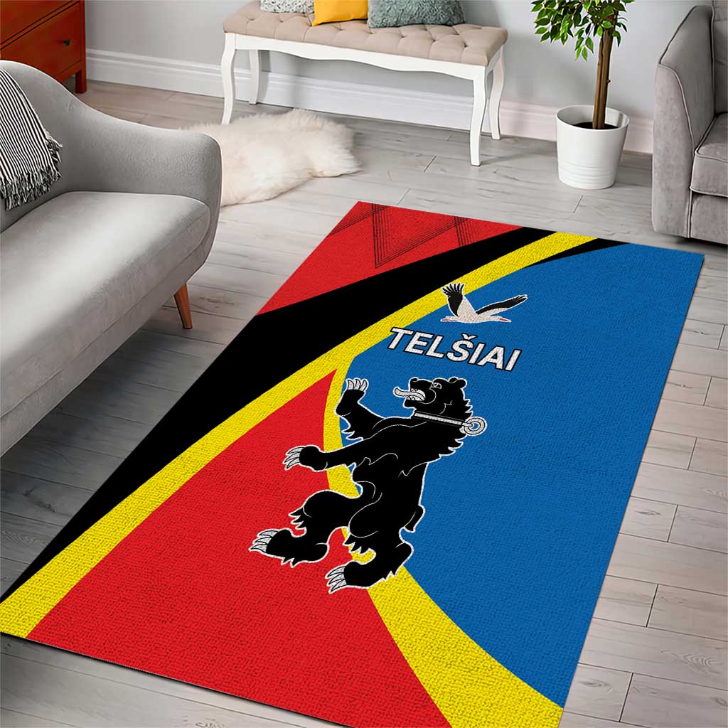 Telsiai County area rug with red, blue, and yellow geometric design and bear crest
