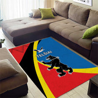 Telsiai County area rug with red, blue, yellow, and black crest design