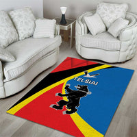 Telsiai County area rug with coat of arms in red, blue, black, and yellow