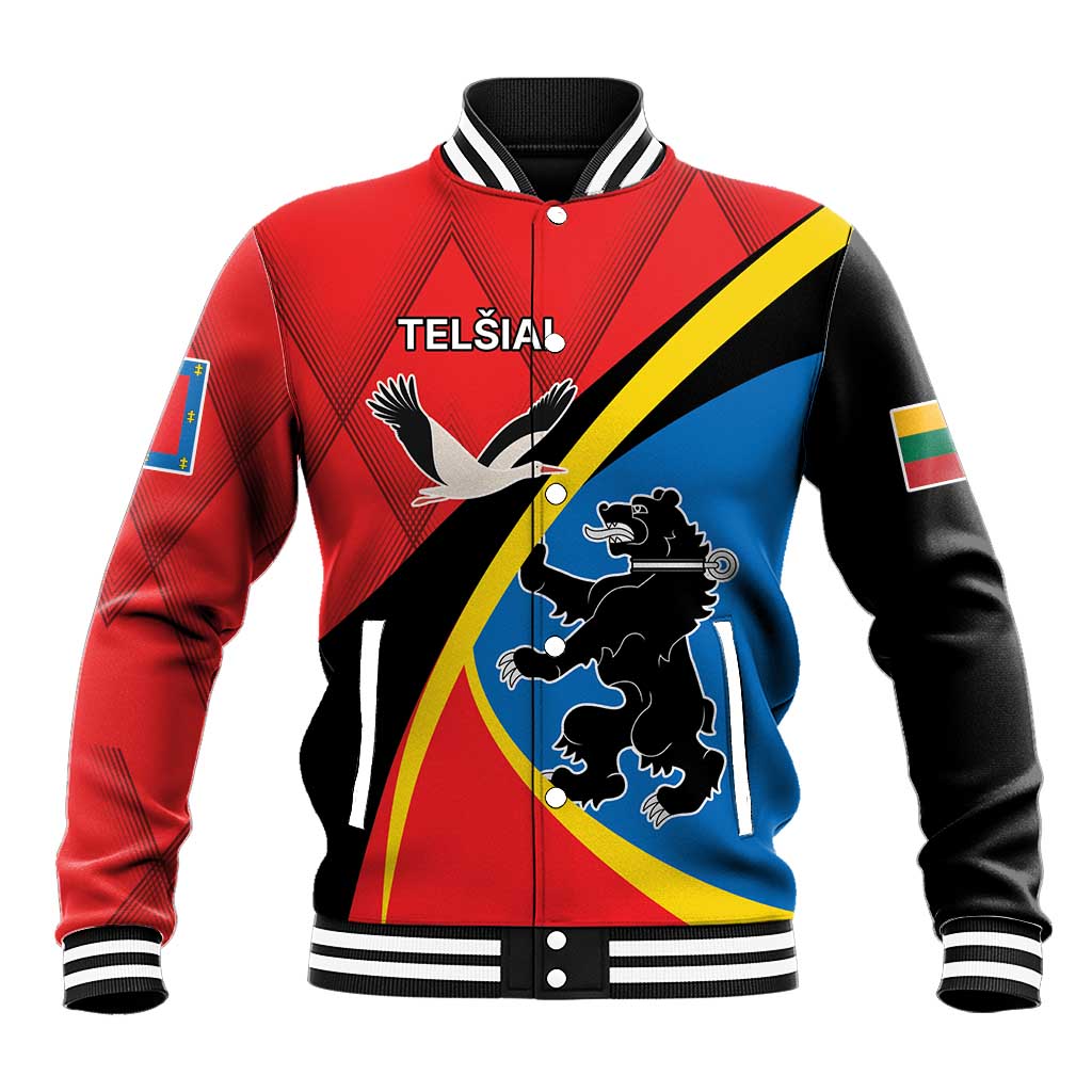 Red, black, and blue varsity baseball jacket with striped collar and front button placket