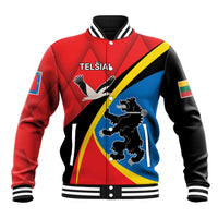 Red, black, and blue varsity baseball jacket with striped collar and front button placket