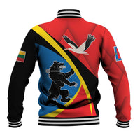 Red, black, and blue varsity baseball jacket with striped hem and large back graphic