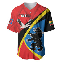 Red baseball jersey with V-neck, diagonal black-yellow stripe, bird and lion emblem