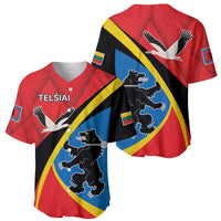 Red baseball jersey with V-neck, bird and lion emblem, diagonal stripe and blue panel