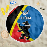 Round beach blanket with fringed edge, black-yellow-red-blue lion and bird design