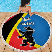 Round beach blanket with fringed edge, TELSIAI lion emblem and white bird illustration
