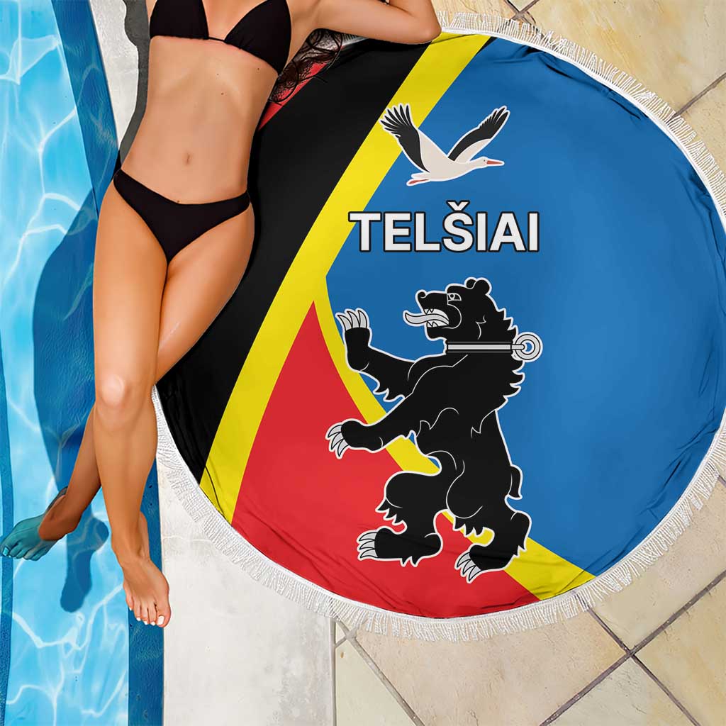 Round beach blanket with fringed edge, TELSIAI lion and bird graphic on red black blue