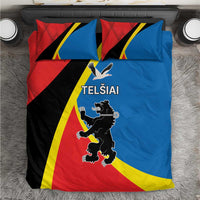 Bedding set with Telsiai county flag print in red, blue, black, and yellow