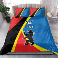 Telsiai County bedding set with red, black, blue and yellow flag print, bear and bird