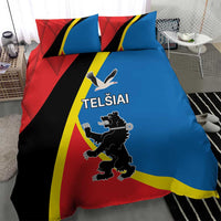Bedding set with Telšiai county flag print, red, blue, black and yellow