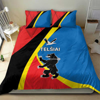 Bedding set with red, blue, black, and yellow diagonal flag-style print, TELSIAI text