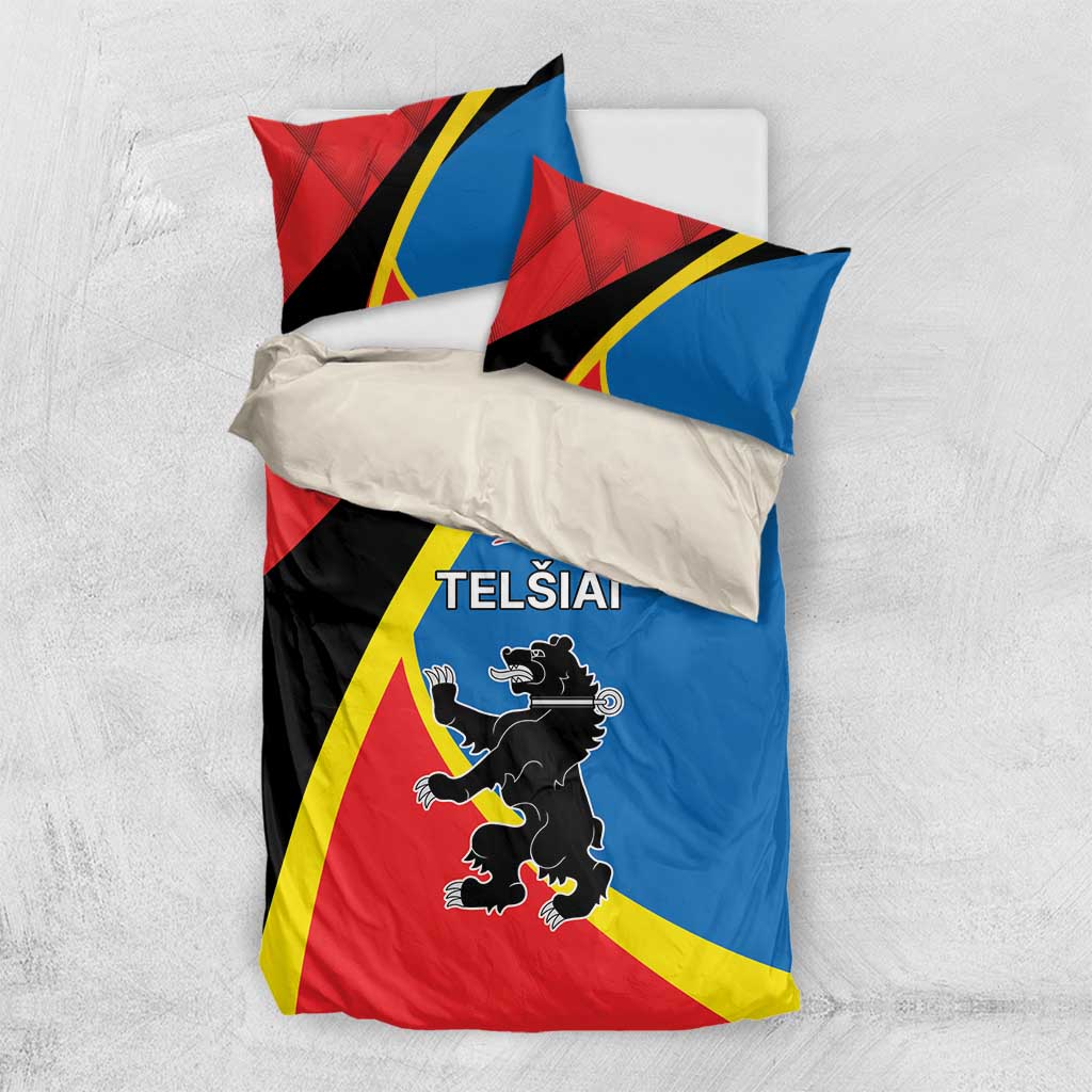 Bedding set with Telsiai crest and red, blue, black, and yellow geometric print