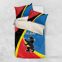Bedding set with Telsiai crest and red, blue, black, and yellow geometric print