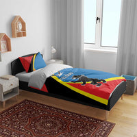 Red, blue and black bedding set with Lithuania Telsiai County print